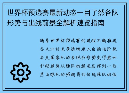 世界杯预选赛最新动态一目了然各队形势与出线前景全解析速览指南