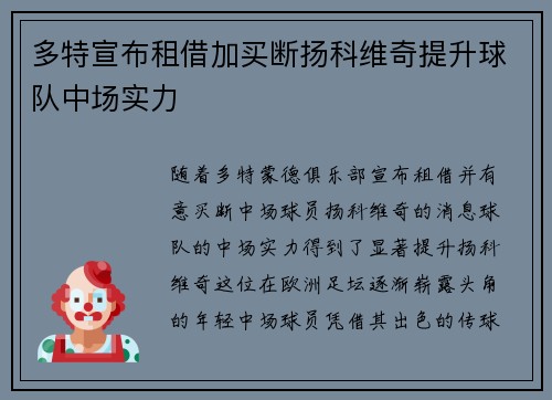 多特宣布租借加买断扬科维奇提升球队中场实力
